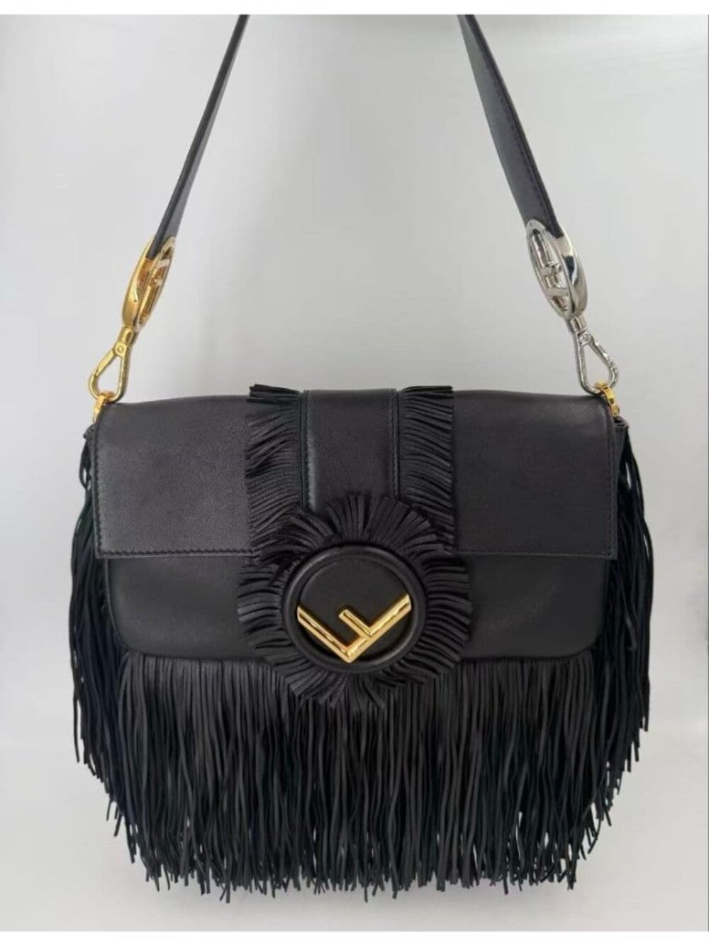 Fendi Fringe Baguette Shoulder Bag Black